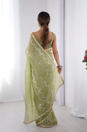 Pista gold crush sequins and mofis work saree