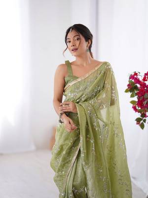 Pista gold crush sequins and mofis work saree 3
