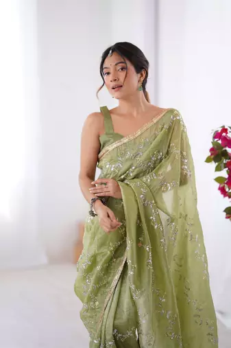 Pista gold crush sequins and mofis work saree