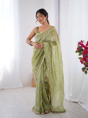 Pista gold crush sequins and mofis work saree 4