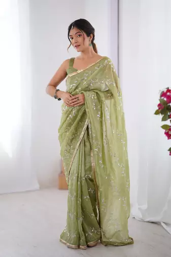 Pista gold crush sequins and mofis work saree
