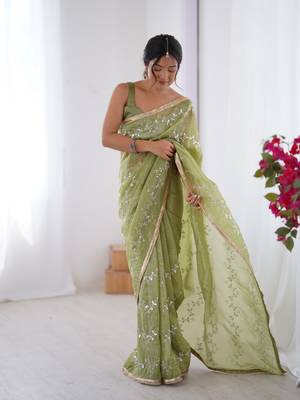 Pista gold crush sequins and mofis work saree 5