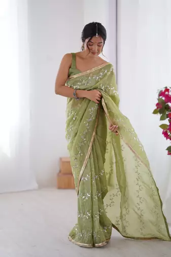 Pista gold crush sequins and mofis work saree