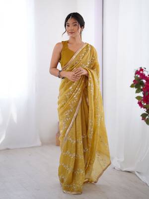 Mustard gold crush sequins and mofis work saree 1