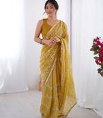 Mustard gold crush sequins and mofis work saree
