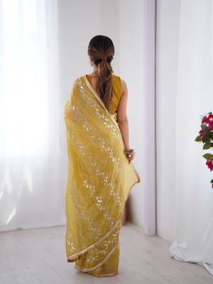 Mustard gold crush sequins and mofis work saree 2