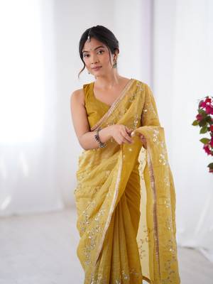 Mustard gold crush sequins and mofis work saree 3