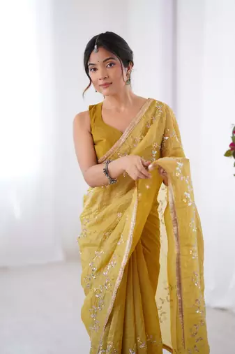 Mustard gold crush sequins and mofis work saree
