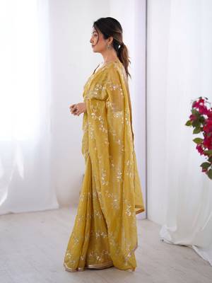 Mustard gold crush sequins and mofis work saree 4