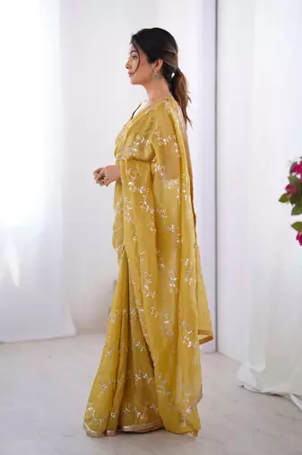 Mustard gold crush sequins and mofis work saree