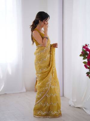 Mustard gold crush sequins and mofis work saree 5
