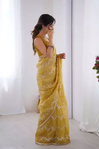 Mustard gold crush sequins and mofis work saree