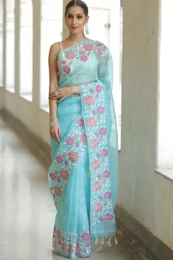 Sky blue organza embroidered saree