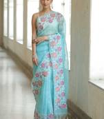 Sky blue organza embroidered saree