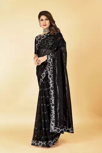 Black georgette sequins embroidery work saree