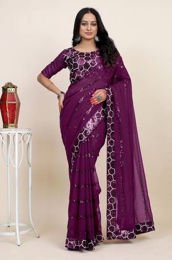 Purple georgette sequins embroidery work saree