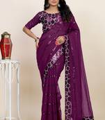 Purple georgette sequins embroidery work saree