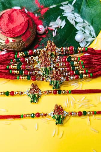 combo of 12 beaded cotton thread with ad stones & meenakari designer rakhi for brother