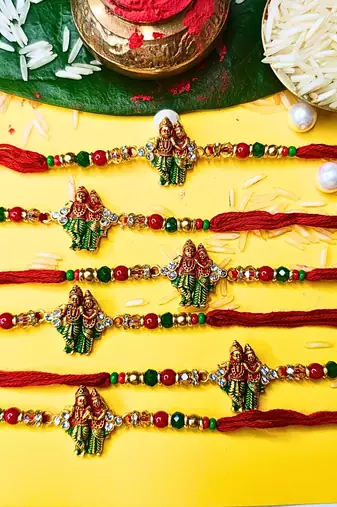 combo of 6 beaded cotton thread with ad stones & meenakari designer rakhi for brother