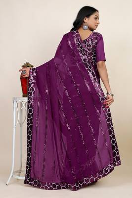 Purple georgette sequins embroidery work saree 2