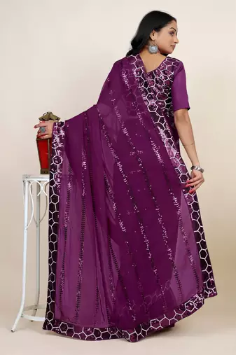 Purple georgette sequins embroidery work saree