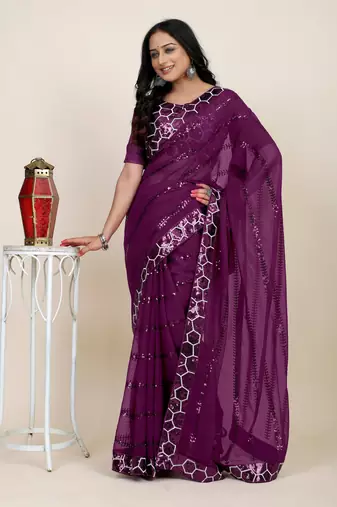 Purple georgette sequins embroidery work saree