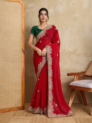 Red embroidery work frendy chiffon saree 1
