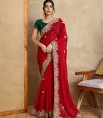 Red  embroidery work frendy chiffon saree