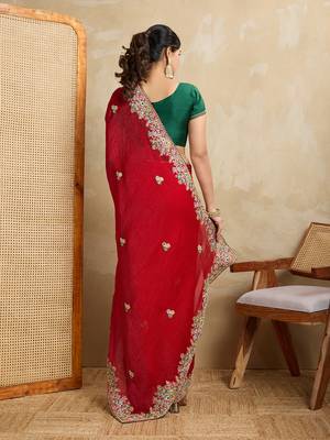 Red embroidery work frendy chiffon saree 2