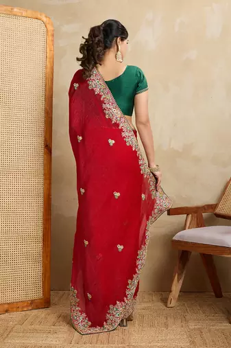 Red embroidery work frendy chiffon saree