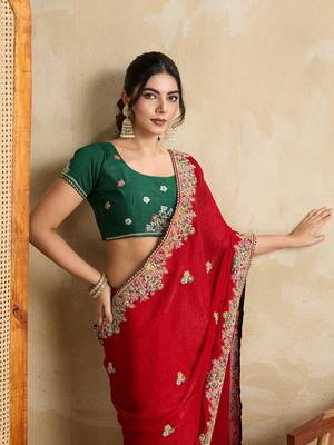 Red embroidery work frendy chiffon saree 3