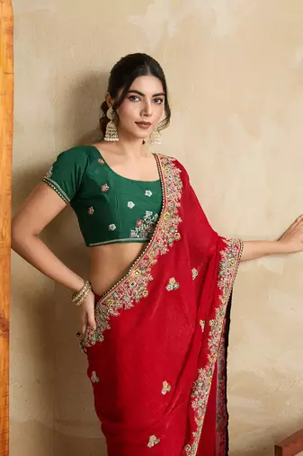 Red embroidery work frendy chiffon saree