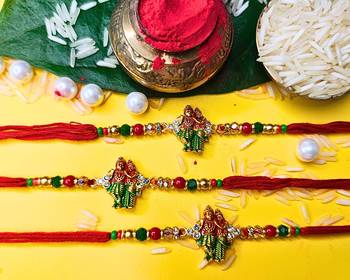 combo of 3 beaded cotton thread with ad stones & meenakari designer rakhi for brother 1