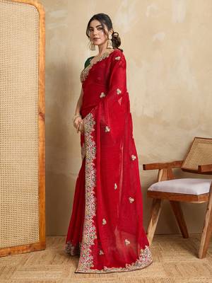 Red embroidery work frendy chiffon saree 4