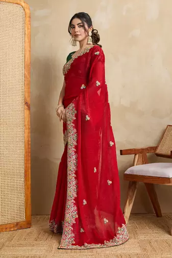 Red embroidery work frendy chiffon saree