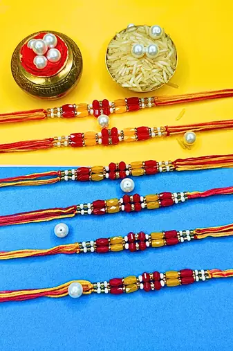 combo of 6 beaded cotton thread with ad stones & meenakari designer rakhi for brother