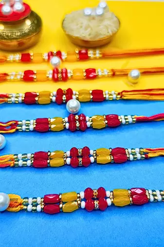 combo of 6 beaded cotton thread with ad stones & meenakari designer rakhi for brother