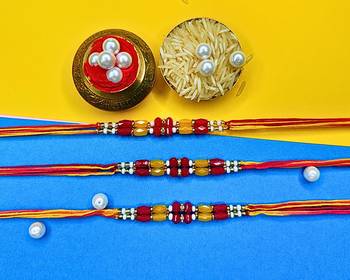 combo of 3 beaded cotton thread with ad stones & meenakari designer rakhi for brother 1