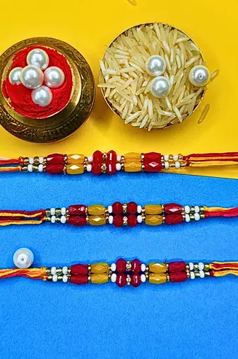 combo of 3 beaded cotton thread with ad stones & meenakari designer rakhi for brother