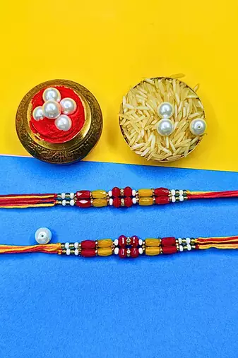 combo of two beaded cotton thread with ad stones & meenakari designer rakhi for brother