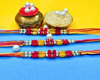 combo of 3 beaded cotton thread with ad stones & meenakari designer rakhi for brother 2