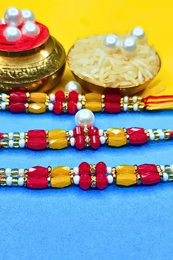 combo of 3 beaded cotton thread with ad stones & meenakari designer rakhi for brother