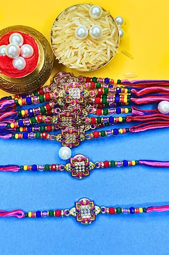 combo of 12 beaded cotton thread with ad stones & meenakari designer rakhi for brother