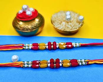combo of two beaded cotton thread with ad stones & meenakari designer rakhi for brother 2