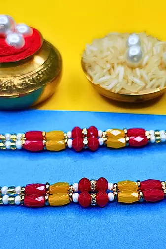 combo of two beaded cotton thread with ad stones & meenakari designer rakhi for brother