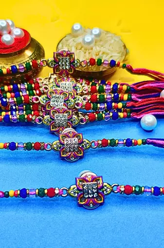 combo of 12 beaded cotton thread with ad stones & meenakari designer rakhi for brother