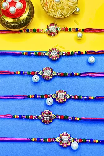 combo of 6 beaded cotton thread with ad stones & meenakari designer rakhi for brother