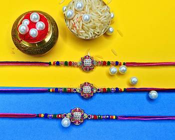 combo of 3 beaded cotton thread with ad stones & meenakari designer rakhi for brother 1
