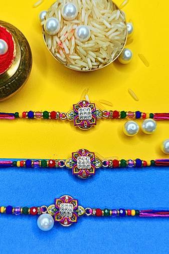 combo of 3 beaded cotton thread with ad stones & meenakari designer rakhi for brother