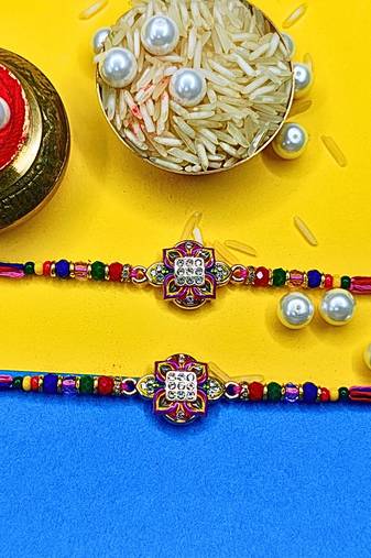 combo of two beaded cotton thread with ad stones & meenakari designer rakhi for brother
